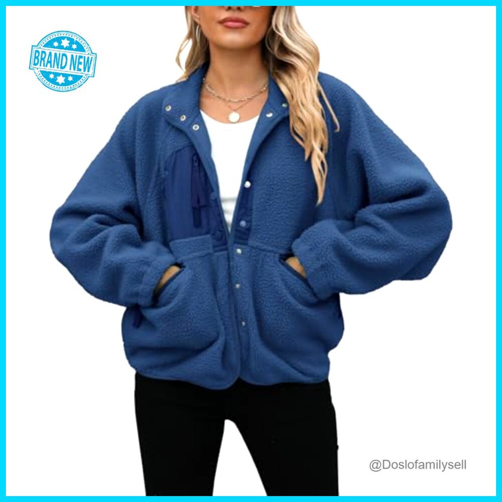 Fuzzy Sherpa Fleece Jacket Oversized Cropped Button Down Winter Outerwear - Picture 3 of 6